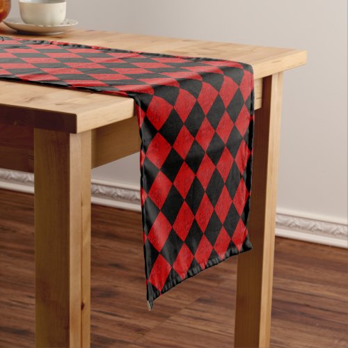 Black and crimson red diamond checker pattern short table runner