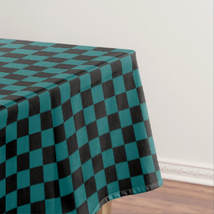 Black and Dark Aqua Blue Checkered Tablecloth