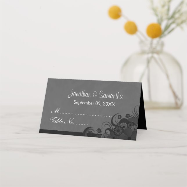 Black and Dark Gray Hibiscus Floral Folded Table Place Card (Front)