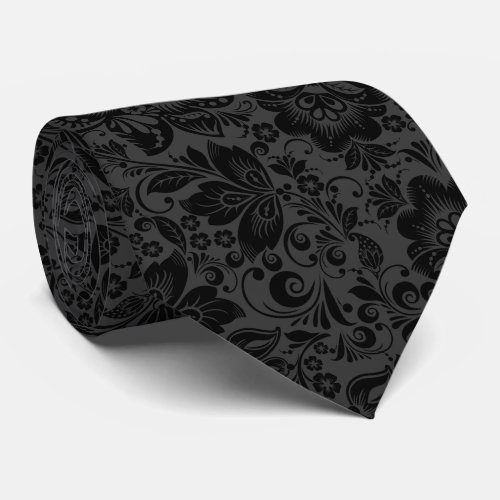 Black And Dark Gray Vintage Flowers Pattern Tie