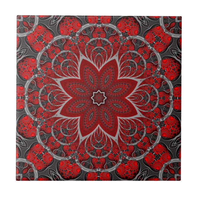 Black and Dark Red Floral Decorative Print Ceramic Tile (Front)