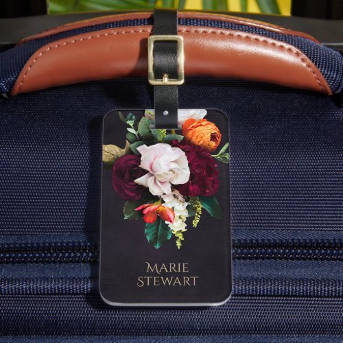 Black and Dark Red  Personalized Moody Floral Luggage Tag