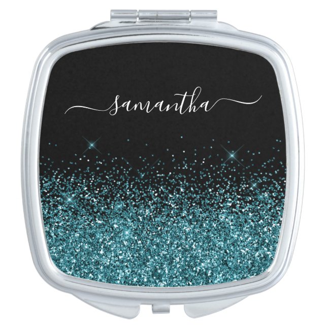 Black and Dark Teal Glitter Elegant Name Compact Mirror (Front)