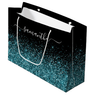 Black and Dark Teal Glitter Elegant Name Large Gift Bag