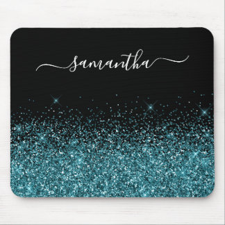 Black and Dark Teal Glitter Elegant Name Mouse Pad