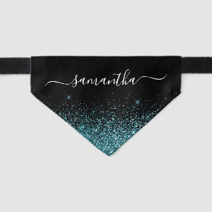 Black and Dark Teal Glitter Elegant Name Pet Bandana Collar