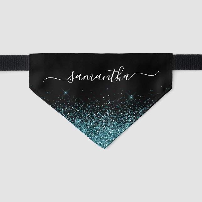 Black and Dark Teal Glitter Elegant Name Pet Bandana Collar (Front)