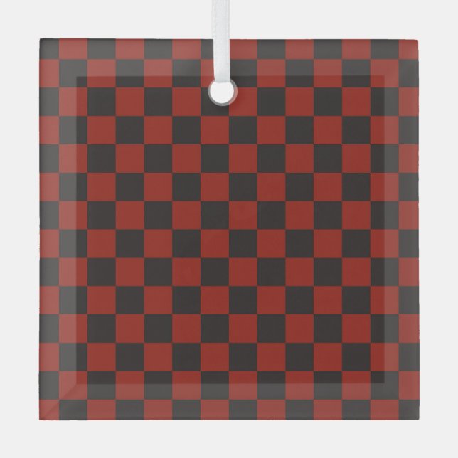 Black and Deep red checkerboard pattern Glass Ornament (Front)