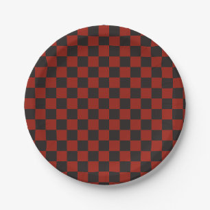 Black and Deep red checkerboard pattern Paper Plates