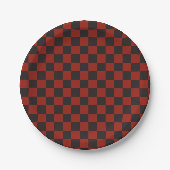 Black and Deep red checkerboard pattern Paper Plates (Front)
