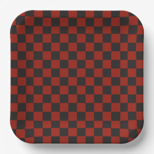 Black and Deep red checkerboard pattern Paper Plates