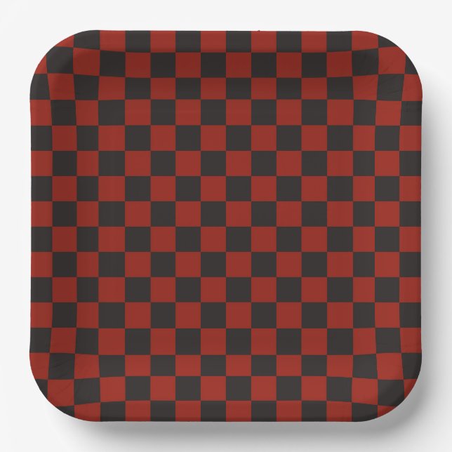 Black and Deep red checkerboard pattern Paper Plates (Front)