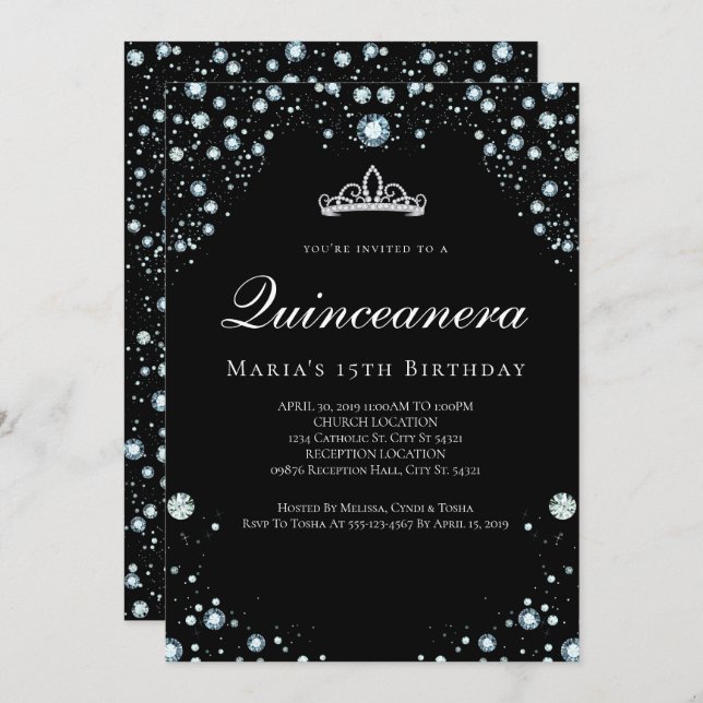 Black and Diamond Quinceanera Invitations (Front/Back)