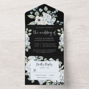 Black and Dusty Blue Floral Watercolor Wedding All In One Invitation