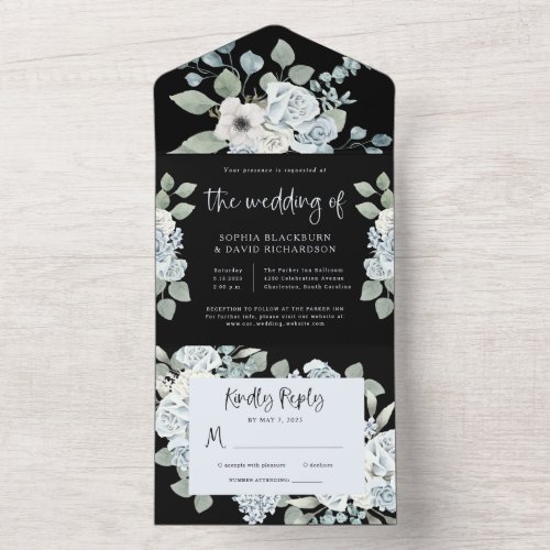 Black and Dusty Blue Floral  Watercolor Wedding All In One Invitation
