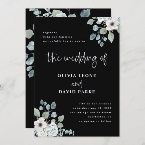 Black and Dusty Blue Floral  Watercolor Wedding Invitation