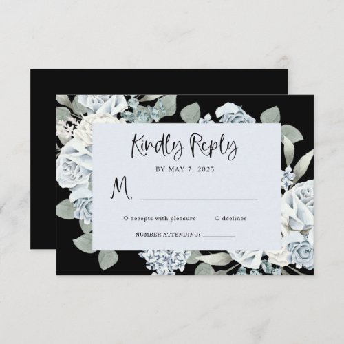 Black and Dusty Blue Floral  Watercolor Wedding RSVP Card