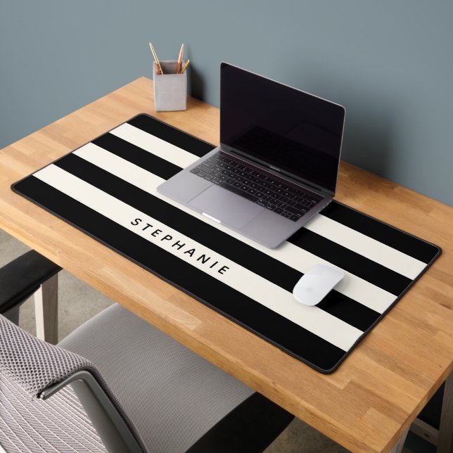 Black and Eggshell White Rugby Stripes with Name Desk Mat (Office 2)