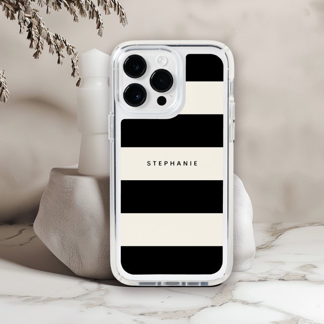 Black and Eggshell White Rugby Stripes with Name Speck iPhone Case (Personalize this fashionable case with your name, monogram, or other desired text.)