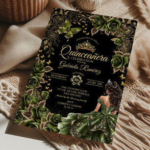 Black and Emerald Green Golden Tiara Quinceañera Invitation