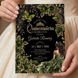 Black and Emerald Green Quinceañera Golden Tiara  Invitation