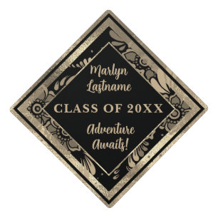 Black and Faux 24K Gold Leaf Elegance Luxury Graduation Cap Topper