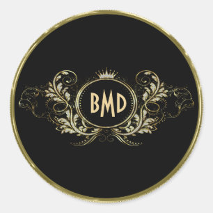 Black And Faux Glitter Girly Floral Frame Classic Round Sticker