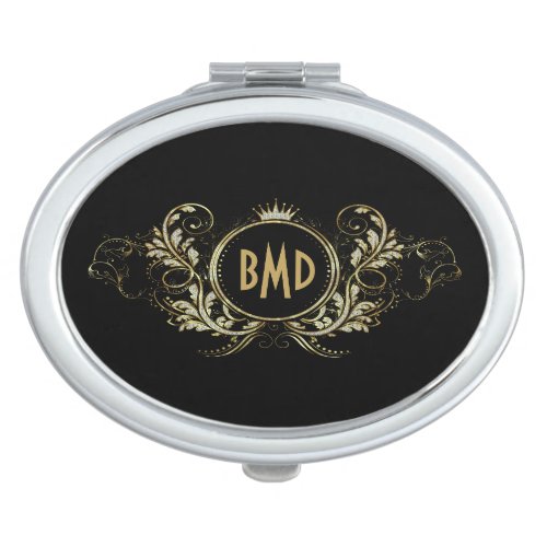 Black And Faux Glitter Girly Floral Frame Compact Mirror