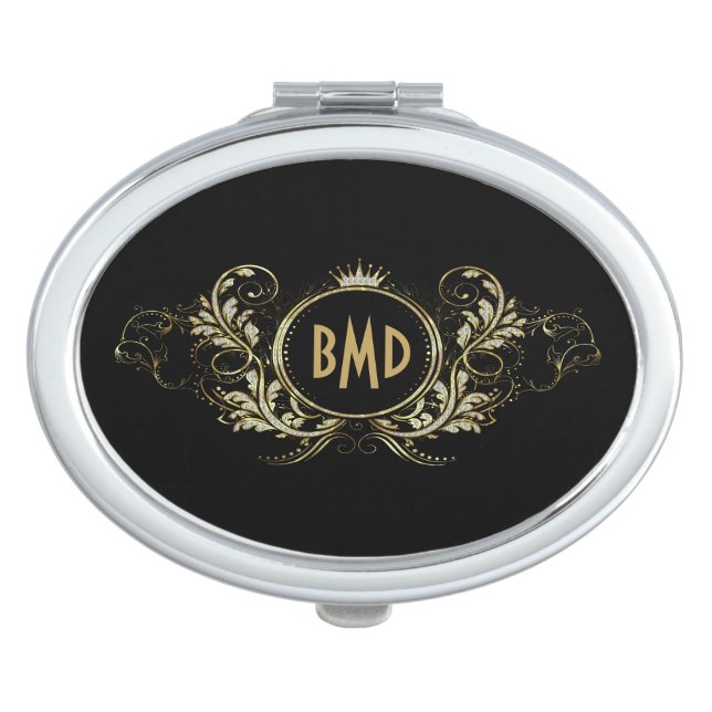 Black And Faux Glitter Girly Floral Frame Compact Mirror (Front)