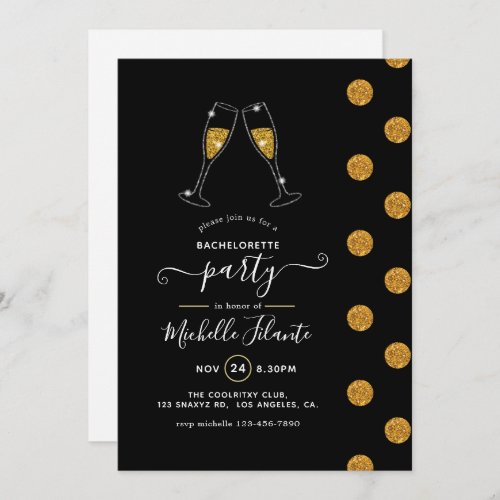 Black and Faux Glitter Gold Champagne Bachelorette Invitation