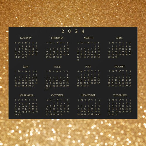 Black and Faux Gold 2024 Magnetic Calendar Card