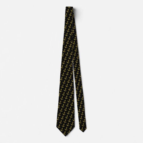 Black and Faux Gold Anchor Pattern Neck Tie