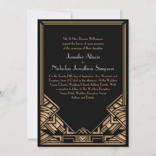Black and Faux Gold Art Deco Gatsby Style Wedding Personalized Announcement