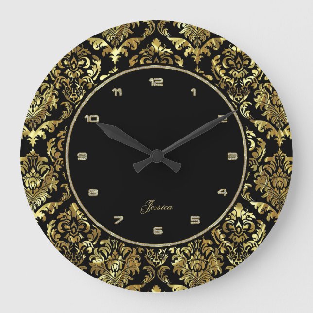 Black And Faux Gold Floral Damasks Large Clock (Front)