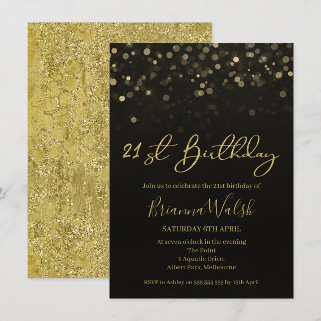 Black And Faux Gold Foil 21st Birthday Invitation (Front/Back)