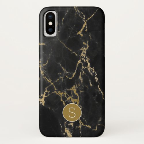 Black and Faux Gold Foil Marble  Monogram iPhone XS Case