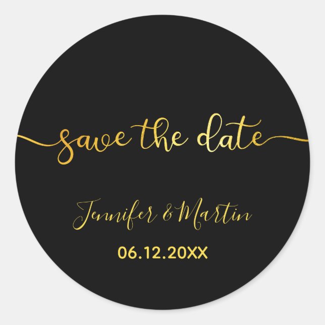 Black and Faux Gold Foil Ombre Save the Date Classic Round Sticker (Front)