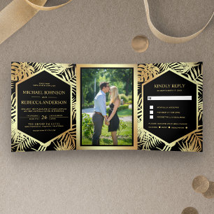 Black and Faux Gold Foil Tropical Palm Wedding Tri-Fold Invitation