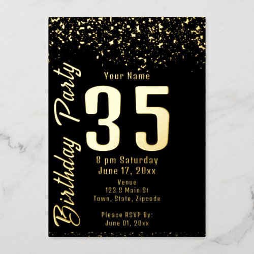 Black and Faux Gold Glitter 35th Birthday Party Foil Invitation