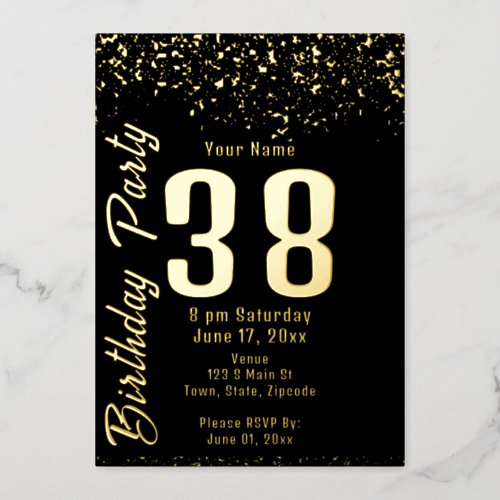 Black and Faux Gold Glitter 38th Birthday Party Foil Invitation