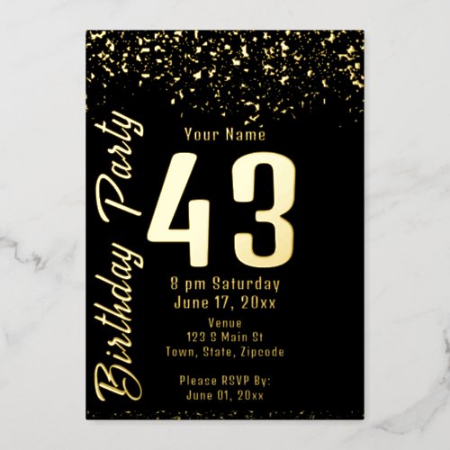 Black and Faux Gold Glitter 43rd Birthday Party Foil Invitation