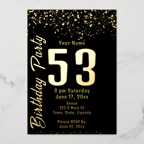 Black and Faux Gold Glitter 53rd Birthday Party Foil Invitation