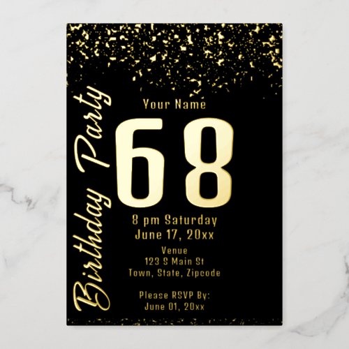 Black and Faux Gold Glitter 68th Birthday Party Foil Invitation
