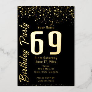 Black and Faux Gold Glitter 69th Birthday Party Foil Invitation