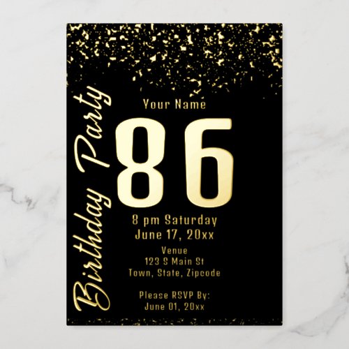 Black and Faux Gold Glitter 86th Birthday Party Foil Invitation