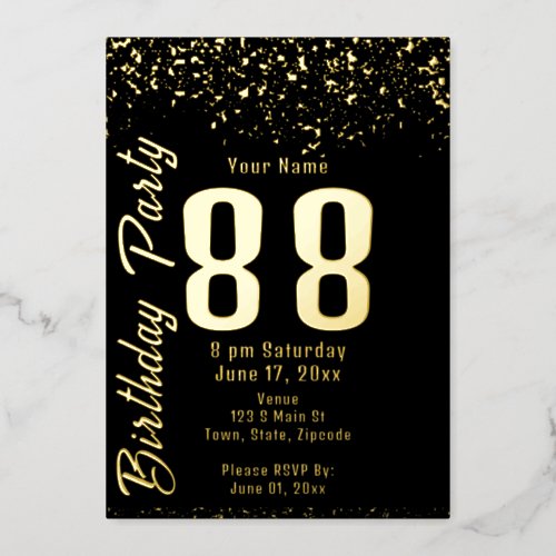 Black and Faux Gold Glitter 88th Birthday Party Foil Invitation