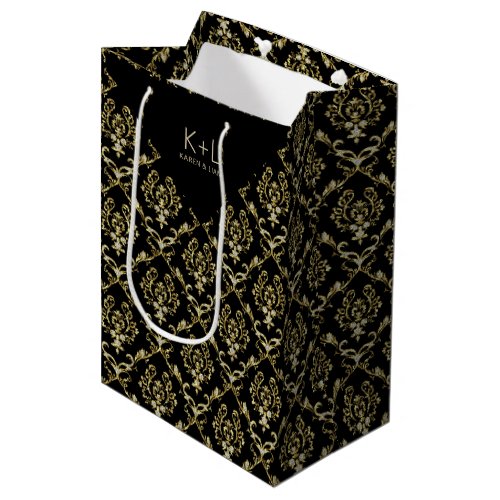 Black And Faux Gold Glitter Floral Damasks Medium Gift Bag