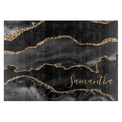 Black and Faux Gold Glitter Marble Agate Cutting Board