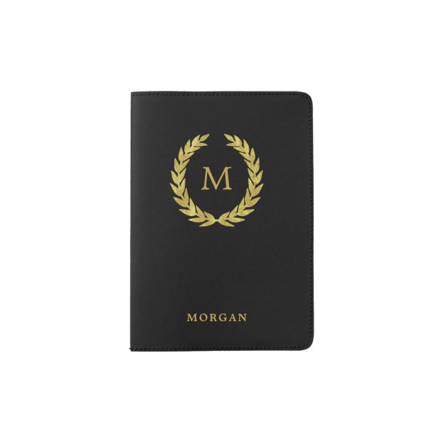 Black and Faux Gold Laurel Wreath with Monogram Passport Holder (Front)