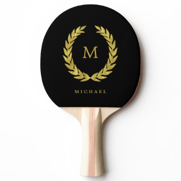 Black and Faux Gold Laurel Wreath with Monogram Ping-Pong Paddle